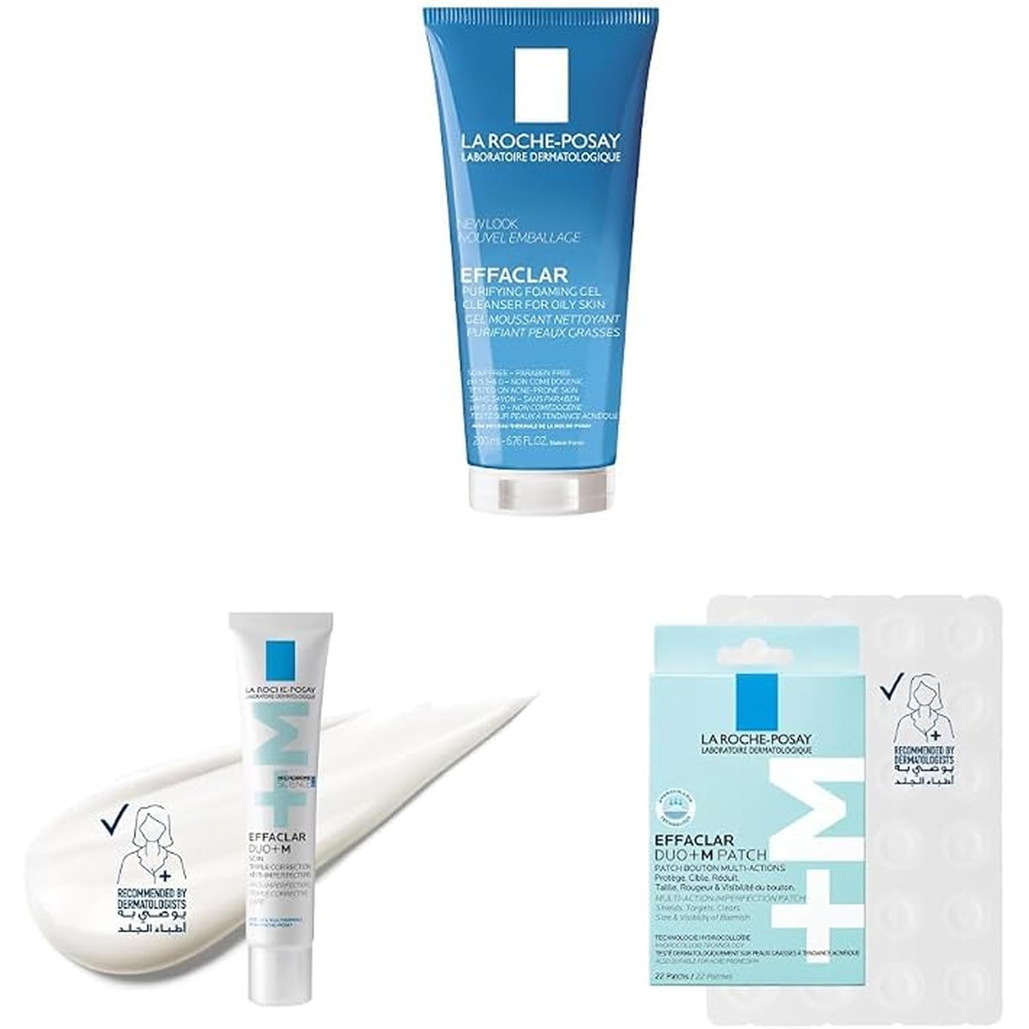 La Roche-Posay Effaclar 3-Piece Acne Skincare Bundle — Purifying Foaming Cleanser 200Ml, Duo+M Acne Treatment Cream 40Ml & Invisible Pimple Patches 22 Pack