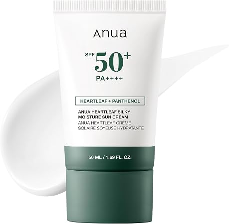 Anua Heartleaf Silky Moisture Sun Cream Spf 50 Pa++++, Korean Sunscreen, Face Sunscreen, Niacinamide, Fragrance Free, Travel Essentials, Low White Cast, 50Ml /1.69Fl.Oz