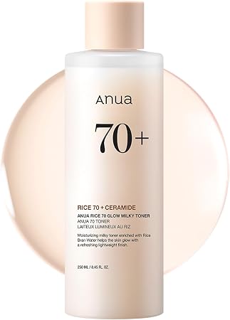 Anua Rice 70 Glow Milky Toner, For Glass Skin, Rice Water, Niacinamide, Ceramides, Panthenol, Non Comedogenic, Fungal Acne Safe, Korean Skin Care, 250Ml/8.45Fl.Oz.