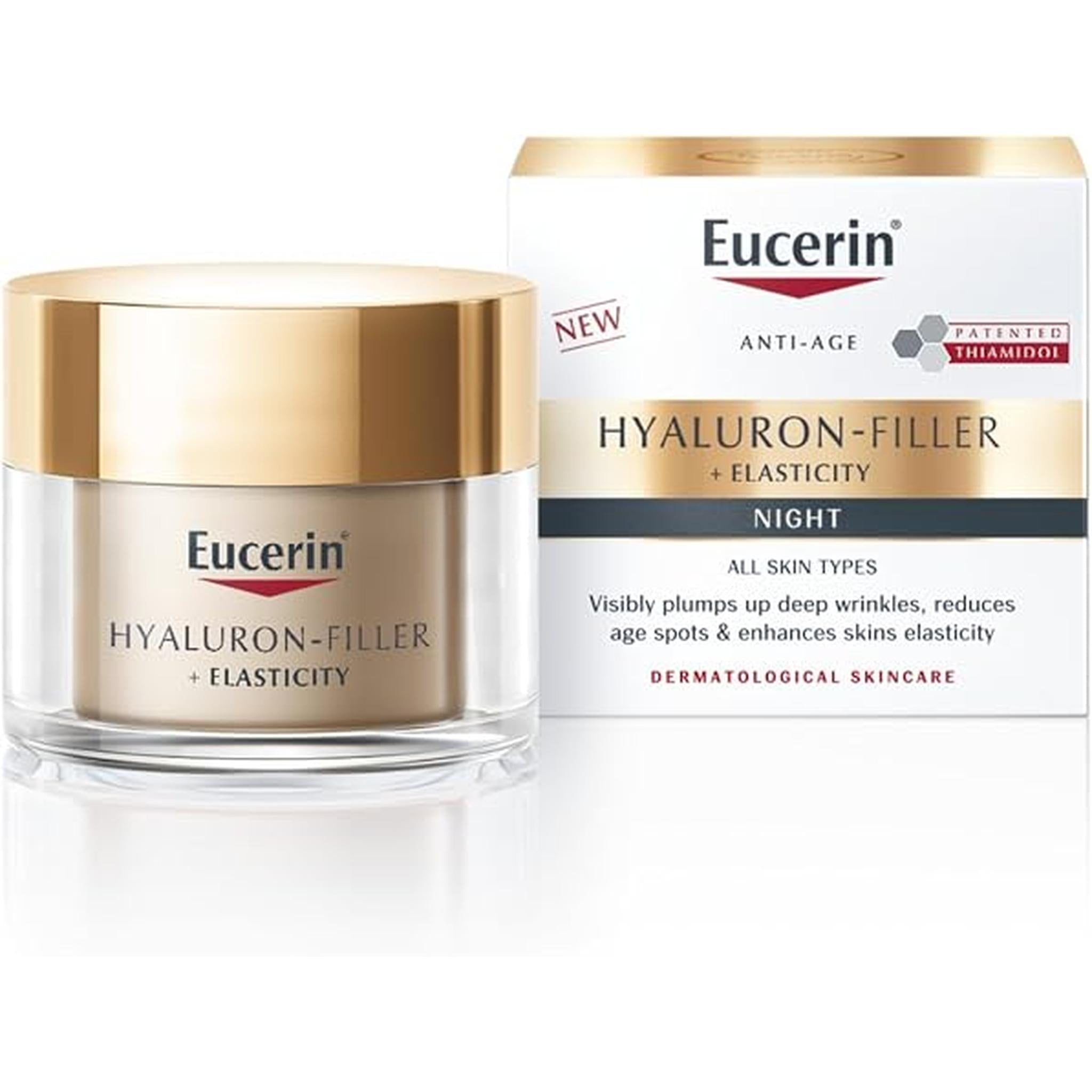 Eucerin Hyaluron-Filler + Elasticity Night Cream Plumps Up Deep Wrinkles, Enhances Skin Elasticity And Corrects Age-Spots For All Skin Types, 50Ml