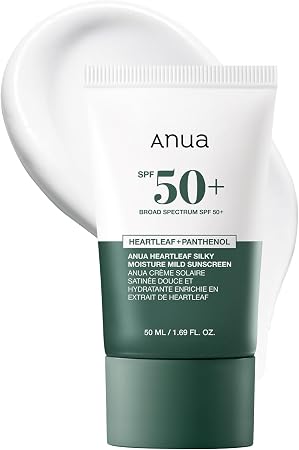 Anua Heartleaf Silky Moisture Mild Sunscreen, Broad Spectrum Spf 50+ With Moisturizing Formula, Lightweight Korean Sunscreen, Natural Finish, Vegan, Korean Skin Care 50Ml / 1.69 Fl. Oz.