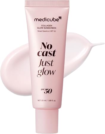 Medicube No Cast Just Glow Collagen Sunscreen | Spf 50 Broad Spectrum Face Sunscreen | Lightweight, Non-Sticky, Hydrating Formula | Peptide, Cica For Soothing & Glow | Korean Skincare