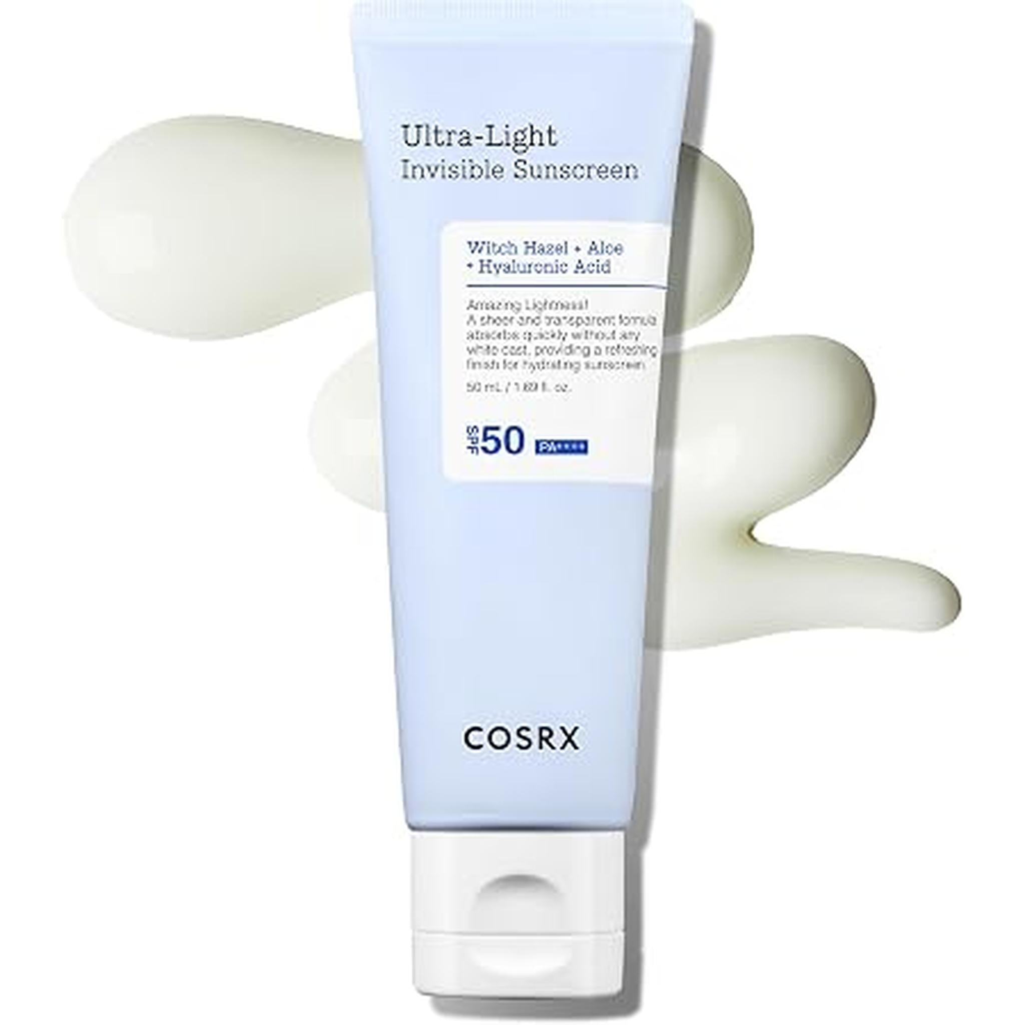 Cosrx Ultra-Light Invisible Sunscreen | Spf50 Pa++++, No White Cast, Lightweight & Fast-Absorbing, Uv Protection, Hydration Boost Sunscreen For Sun-Damaged, Dry Skin. Aloe And Witch Hazel Leaf Water