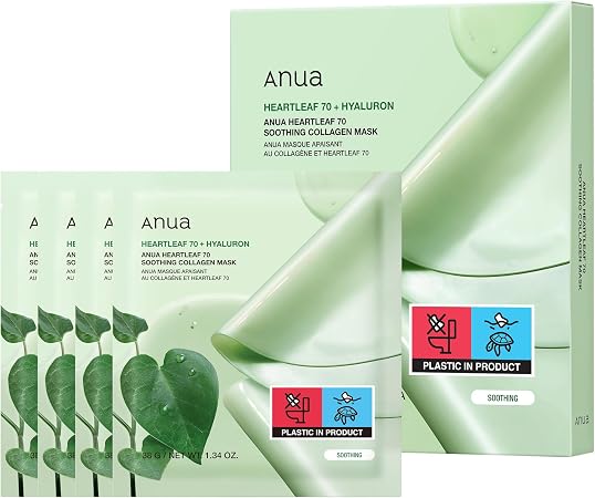 Anua Heartleaf 70 Soothing Collagen Mask, Face Mask For Glass Skin, Hyaluronic Acid, Collagen, Soothing And Moisturising Face Mask For Sensitive Skin, Natural Colour