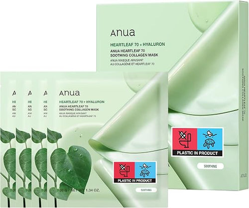 Anua Heartleaf 70 Soothing Collagen Mask, Face Mask For Glass Skin, Hyaluronic Acid, Collagen, Soothing And Moisturising Face Mask For Sensitive Skin, Natural Colour