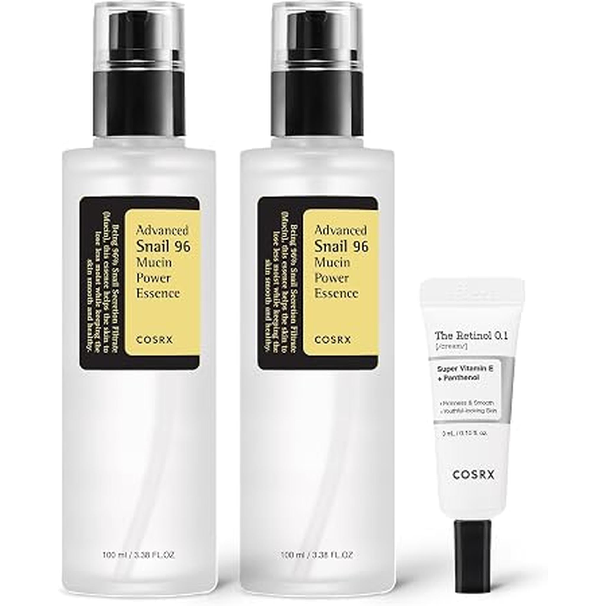Cosrx Snail 96% Mucin Power Essence 2Ea & Retinol 0.1% Cream Mini Sample 1Ea, Glass Skin Starter Set, Amazon Exclusive, Daily Hydrating & Firming Korean Skin Care Kit, Gift Set