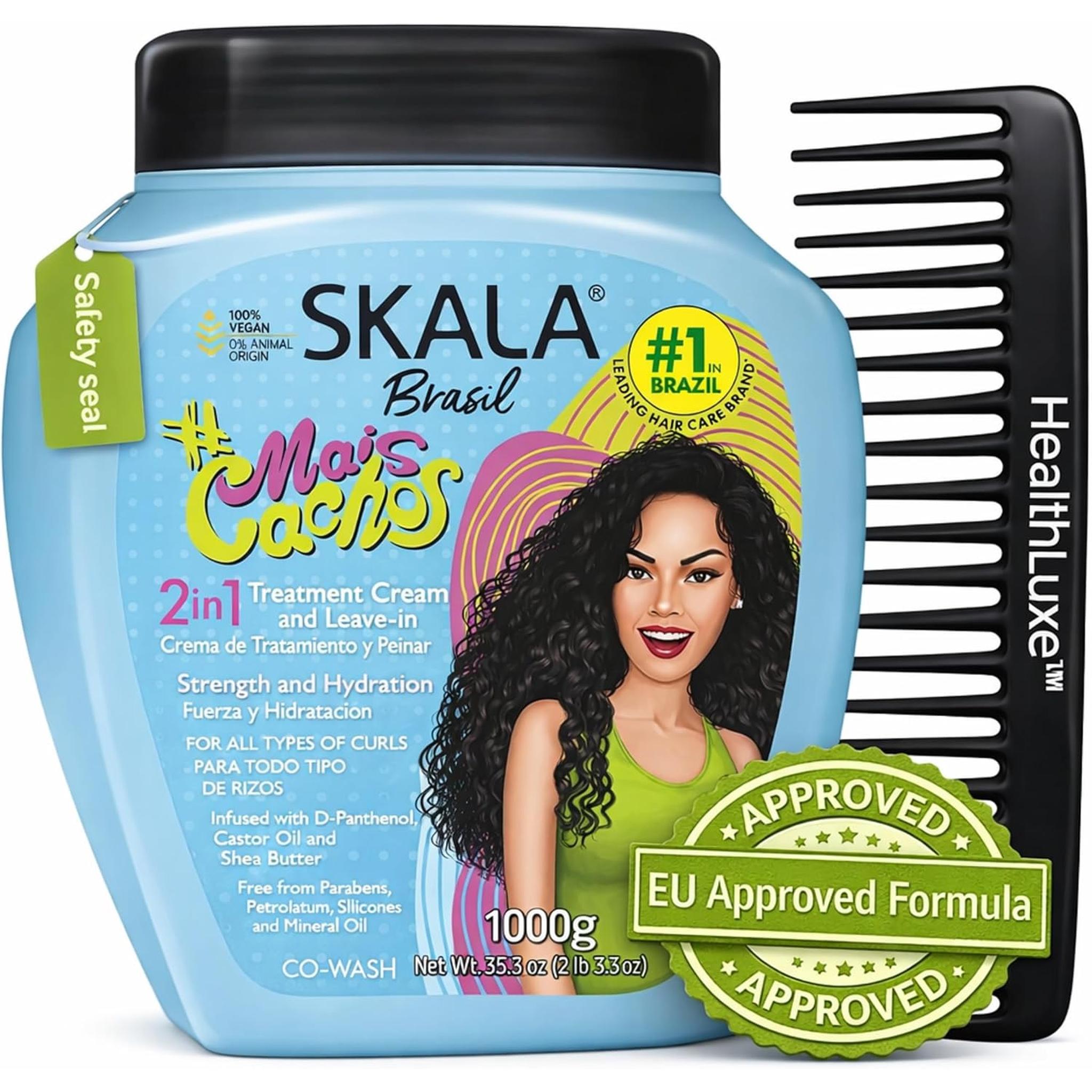 Skala Mais Cachos Curly Hair Treatment 3Abc - Anti-Frizz, 2-In-1 Conditioning & Detangling Cream, Vegan, 1Kg With Wide Tooth Hair Comb - Moisturising, Hydrating, Curl Defining, Sulfate/Silicone Free