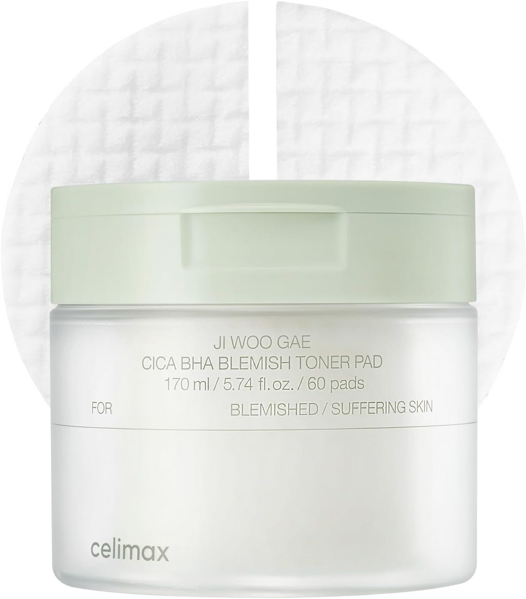 celimax Ji.Woo.Gae CICA BHA Blemish Toner Pad | BHA PHA LHA Complex, Centella Asiatica Extract, Hydrating, Moisturizing, Soothing, Reparing, (60 Pads)
